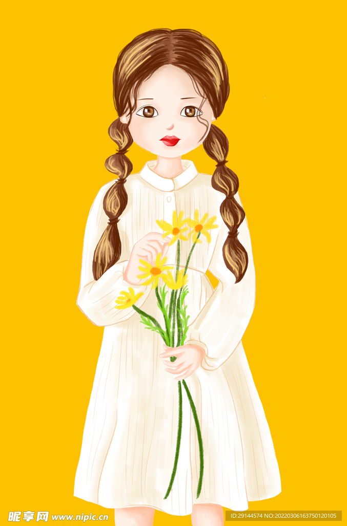 手绘拿花的小姑娘