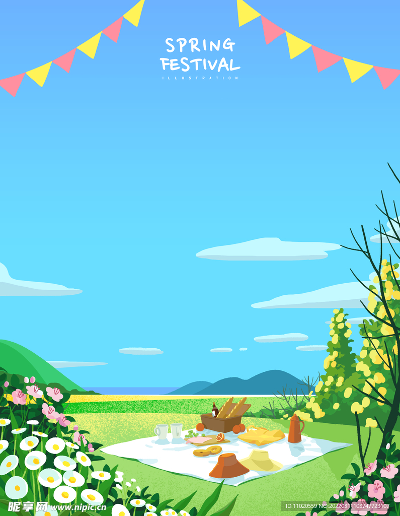 手绘插画风景郊游分图层海报