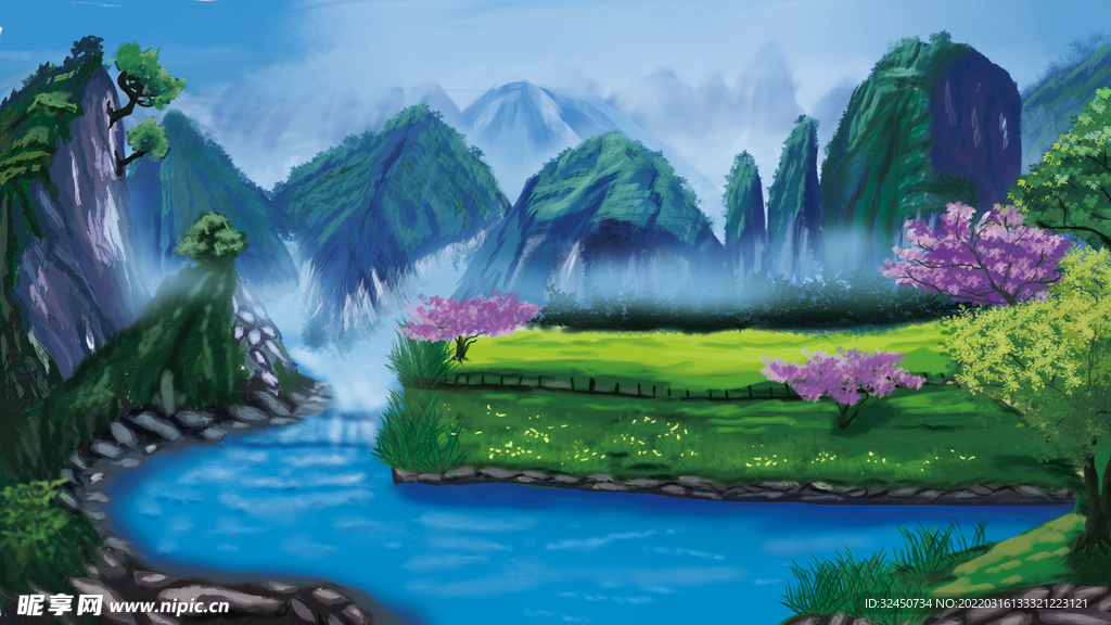 原创手绘插画唯美春天风景景色背