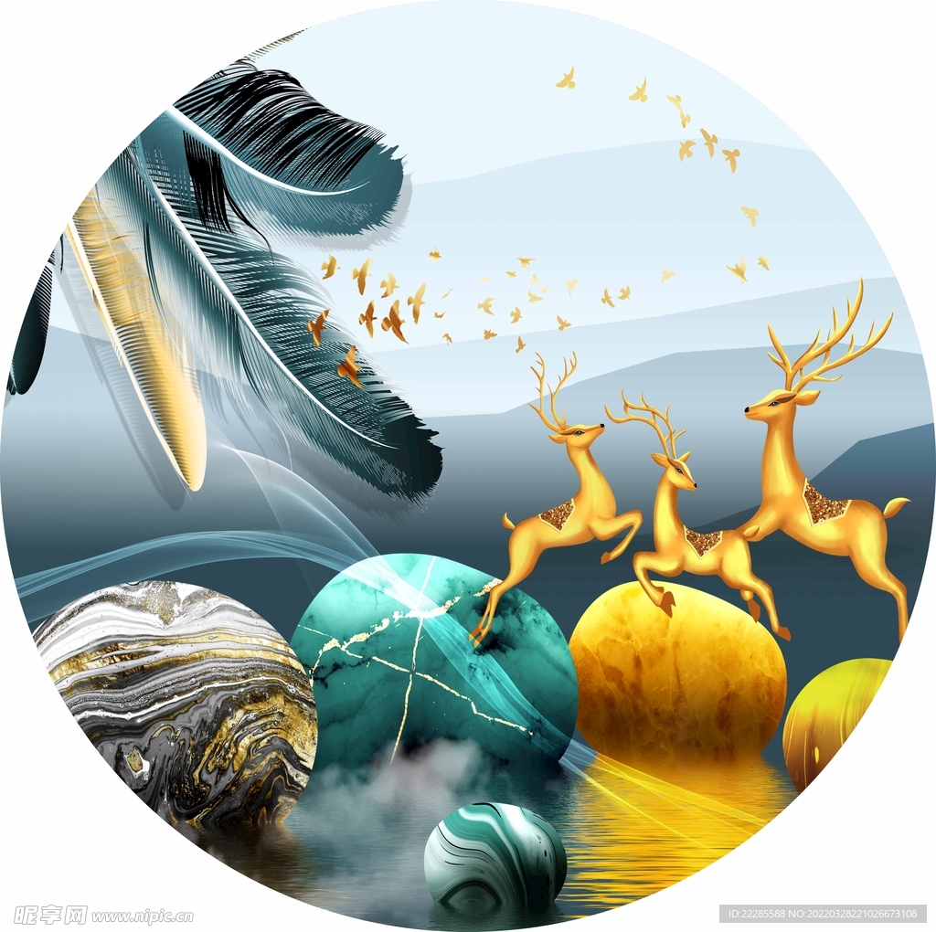 金色麋鹿山水圆形玄关