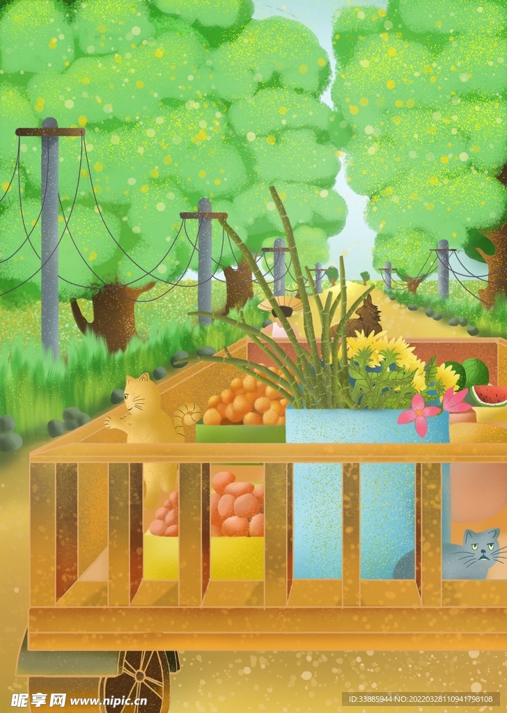 春天道路插画免扣素材背景