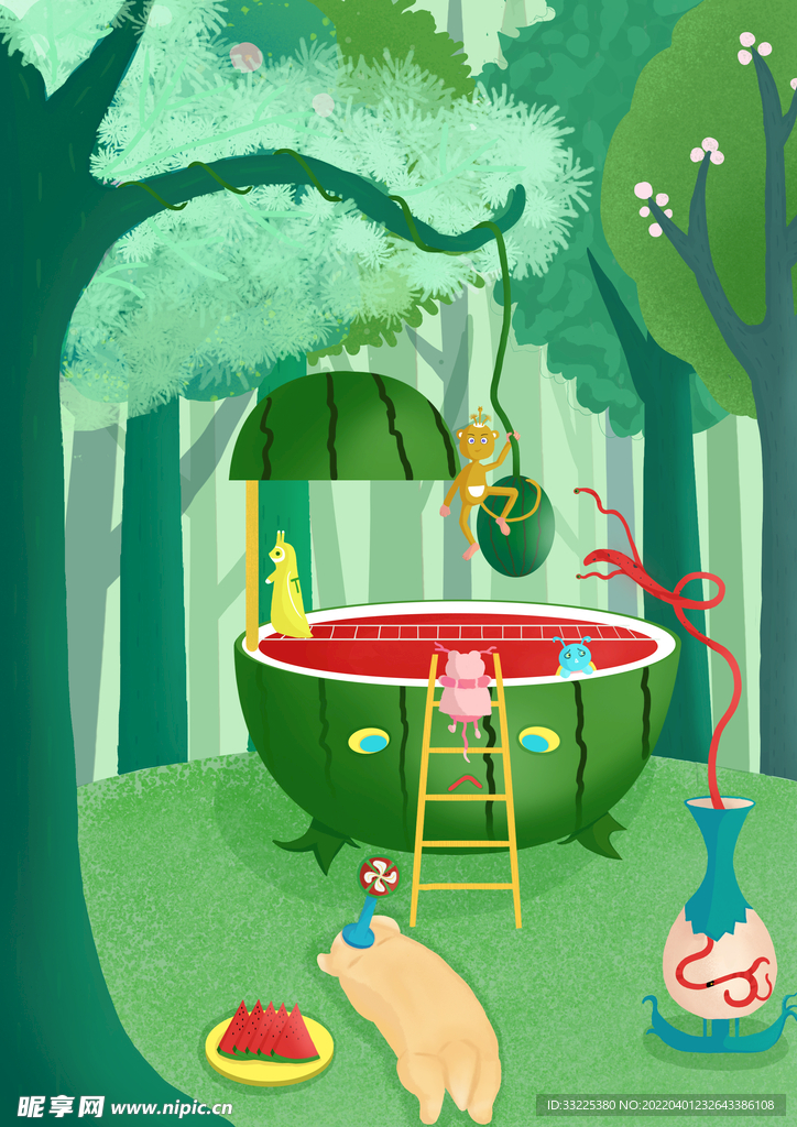 森林西瓜小动物创意海报插画