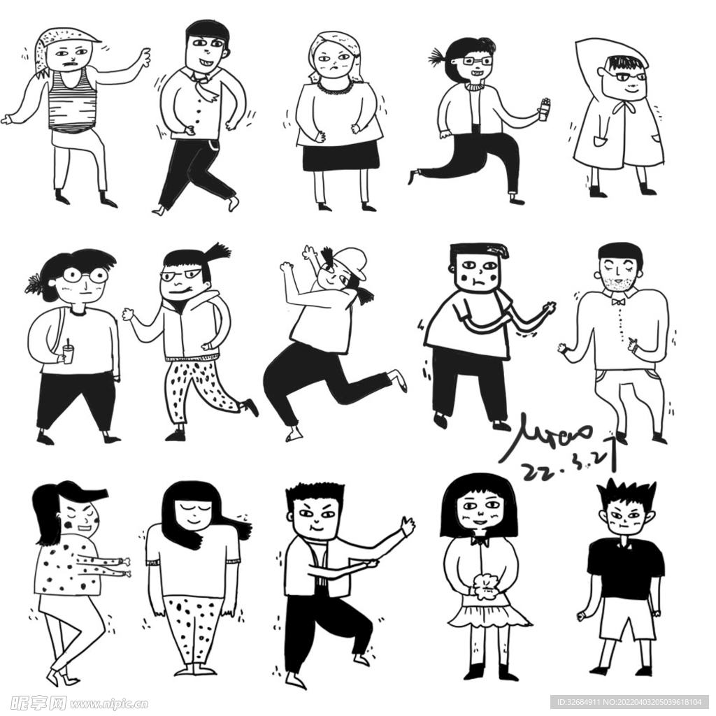 黑白手绘人物插画素材