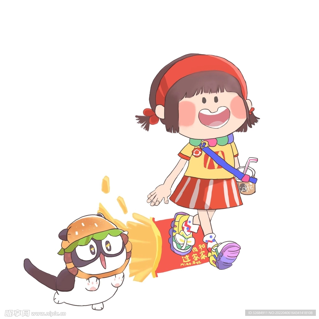 卡通动漫女孩猫咪手绘素材