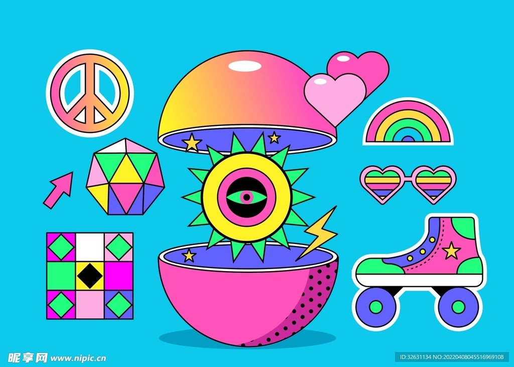 炫彩复古撞色孟菲斯几何插图插画