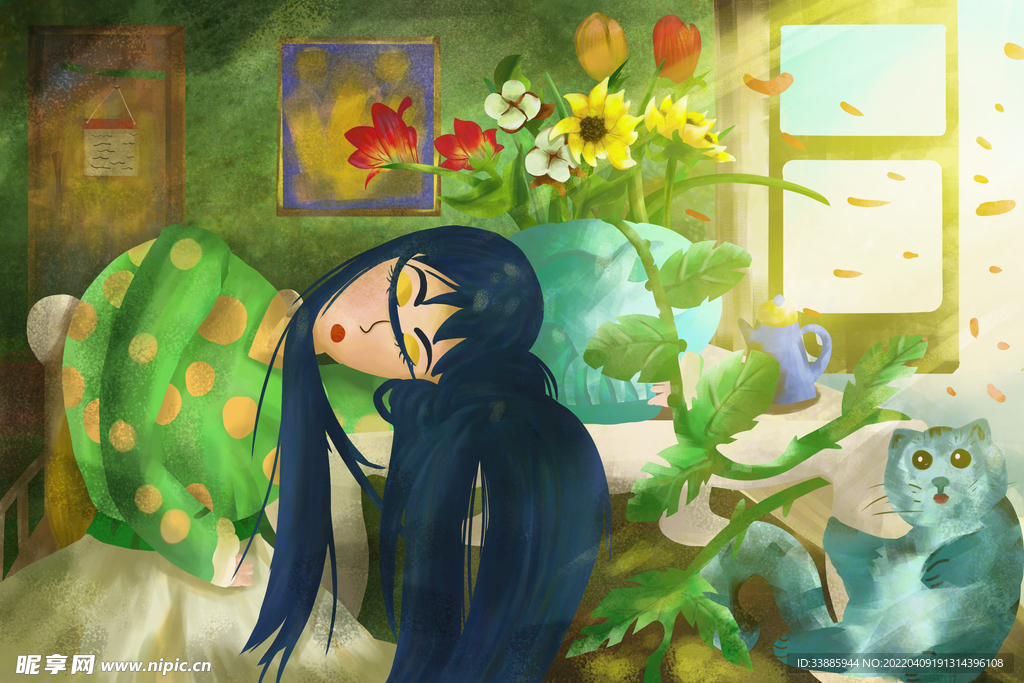 温馨治愈素材图片少女猫咪