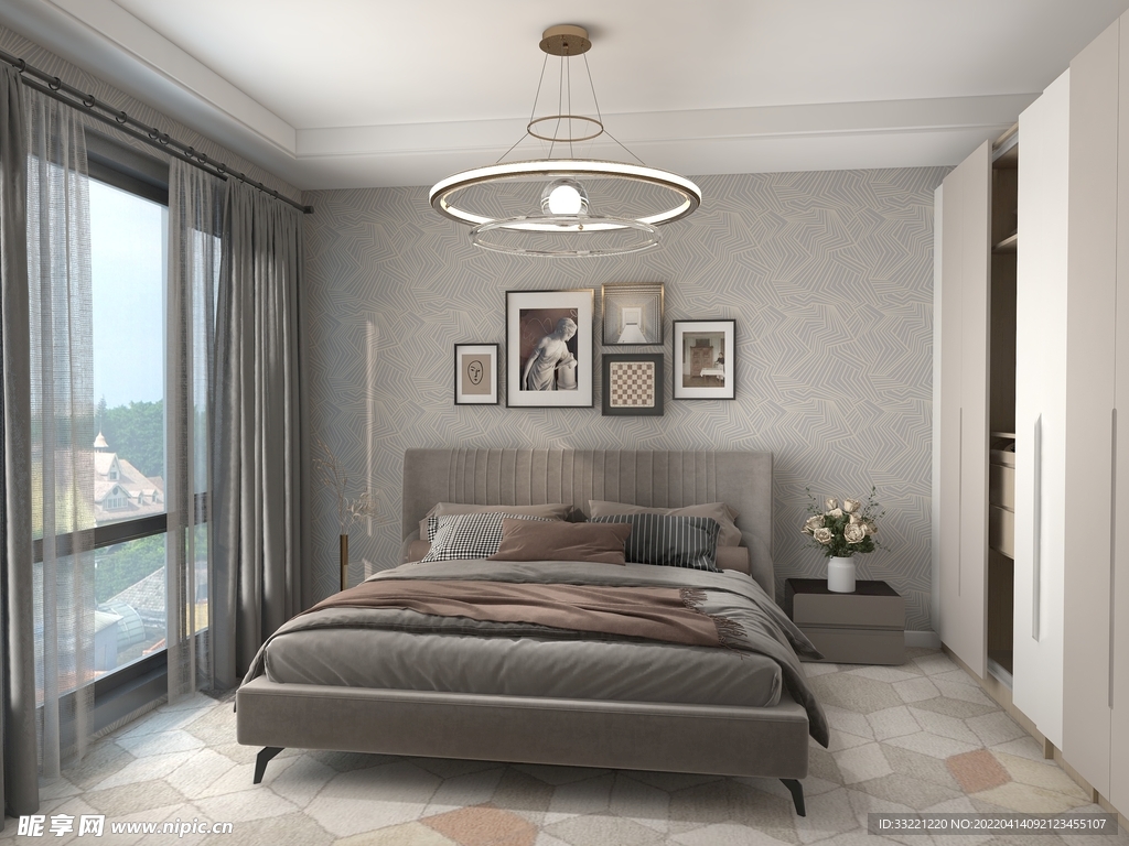 奶油风现代家装卧室效果图