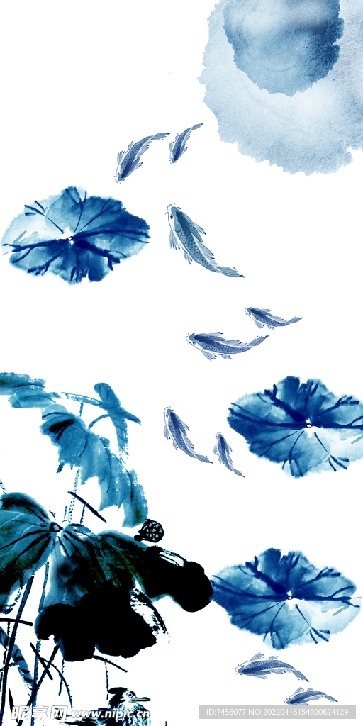 水墨莲花九鱼图玄关过道