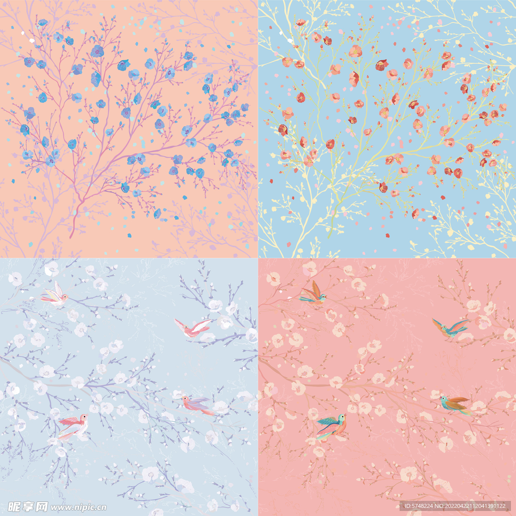 撞色手绘矢量插画花鸟背景