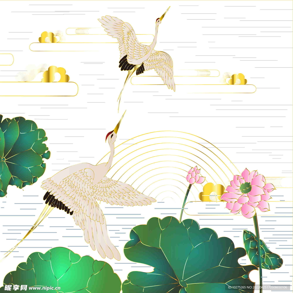 仙鹤荷花荷塘月色