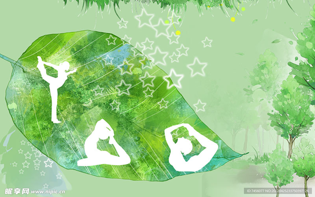 瑜伽绿叶水彩背景墙