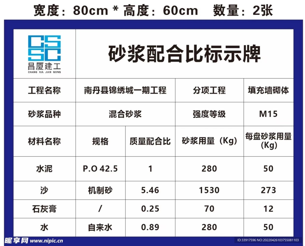 广西昌厦建工砂浆配合比标识牌