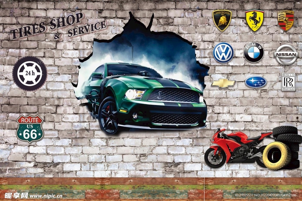 3D砖墙汽车工装背景墙图片