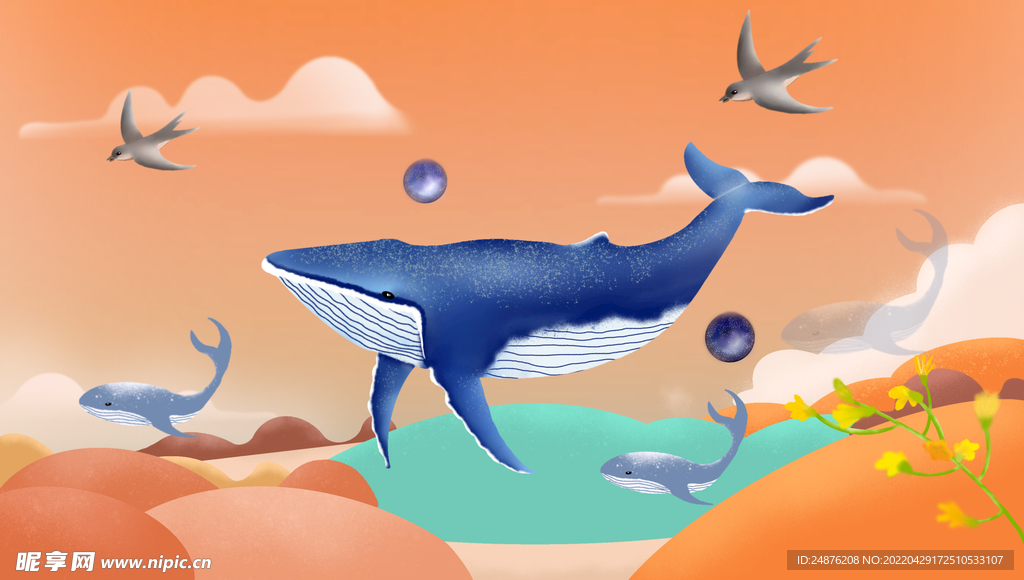 插画鲸鱼油菜花题材