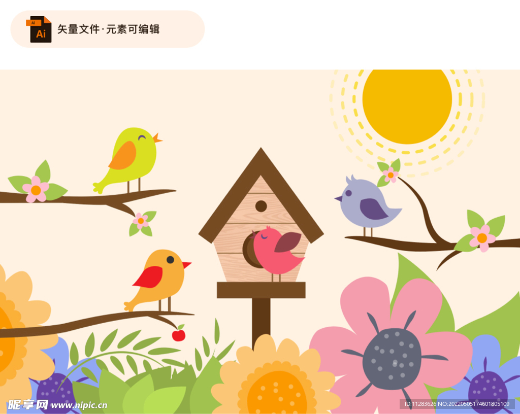 卡通春季鸟和花卉矢量素材