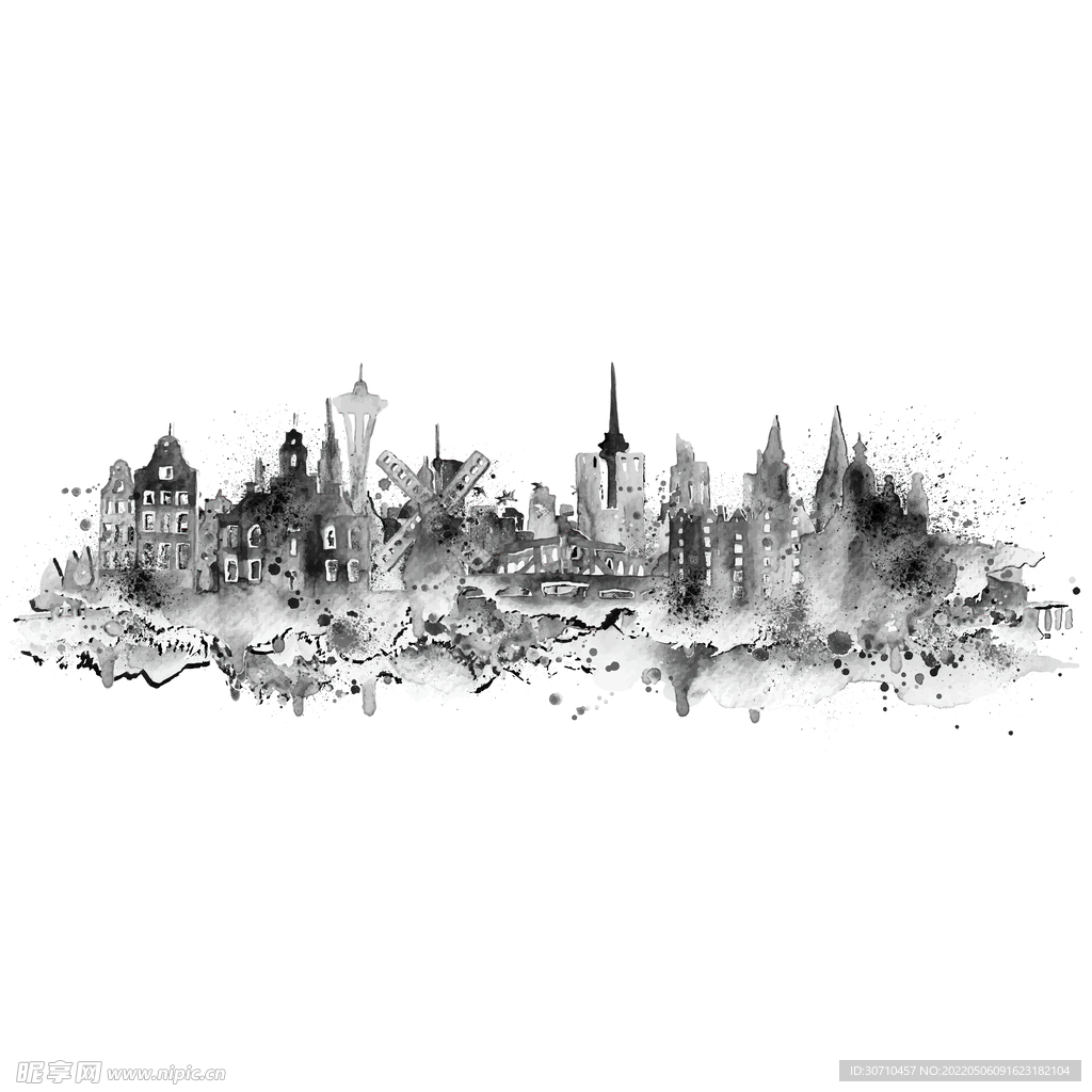 水彩城市剪影
