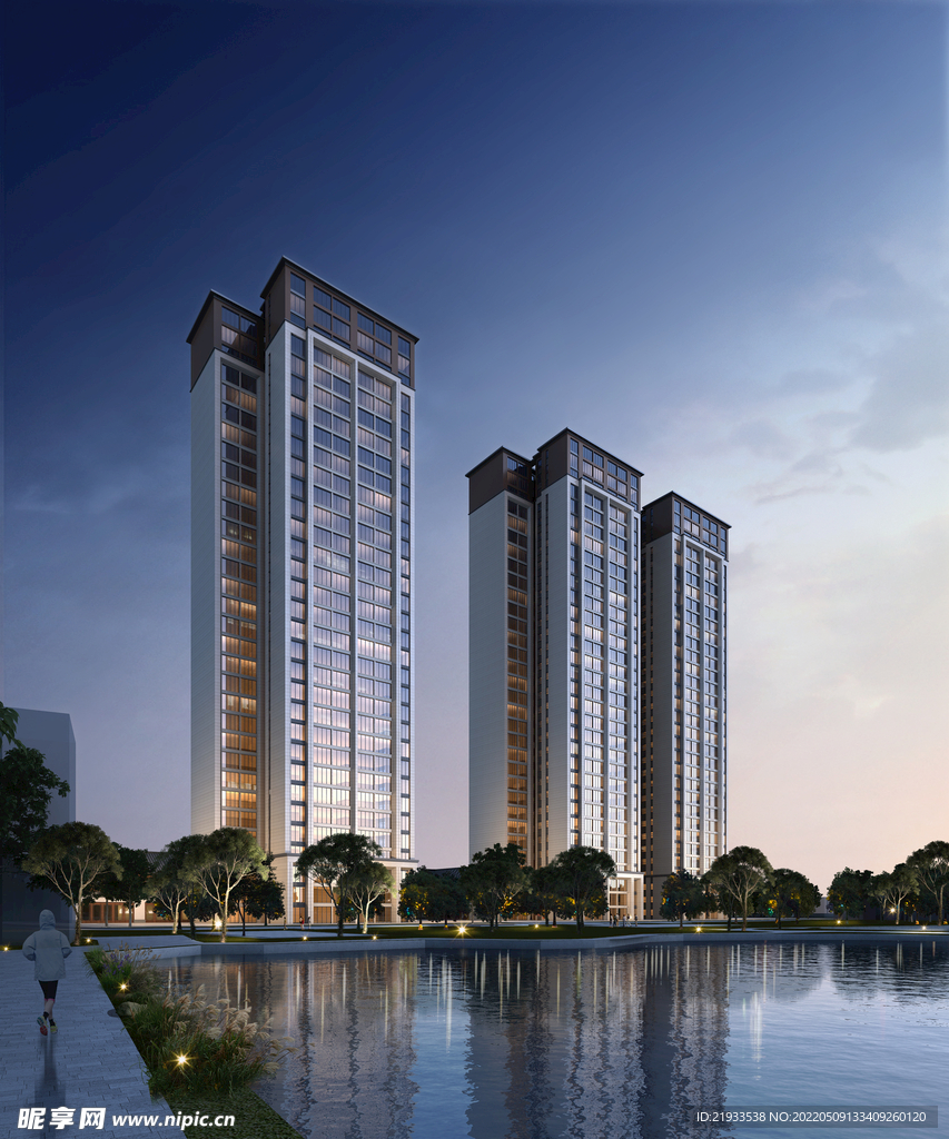 黄昏办公楼小区夜景效果亮化