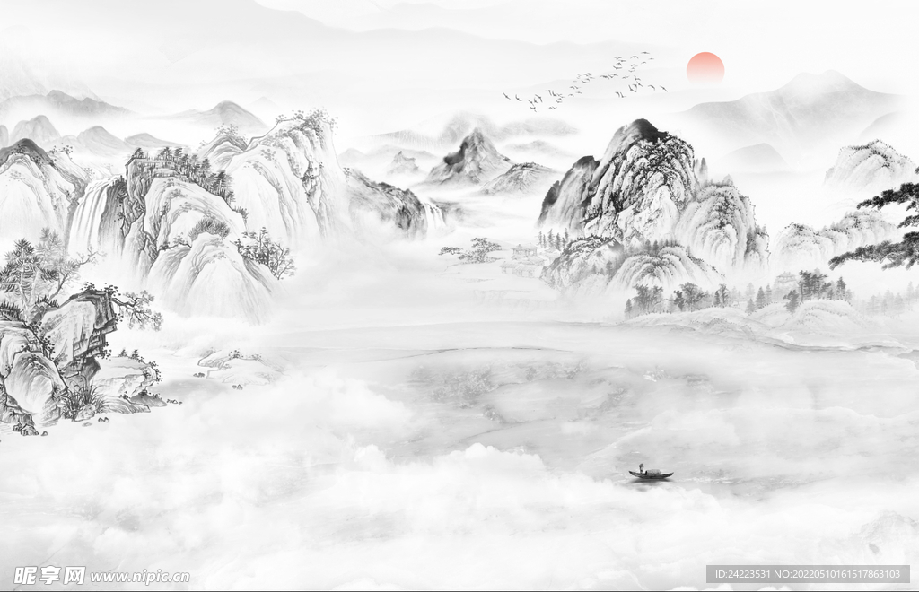 新中式山水水墨山水电视背景墙