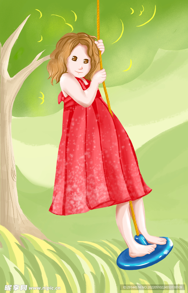 手绘 树下荡秋千的小姑娘