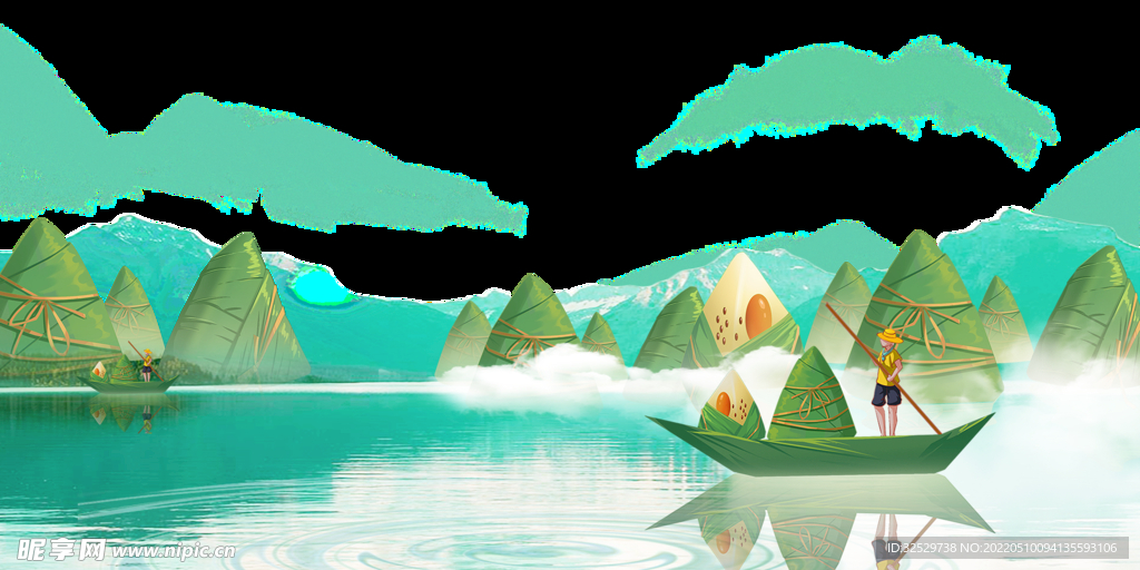 端午节粽子手绘人物船湖面