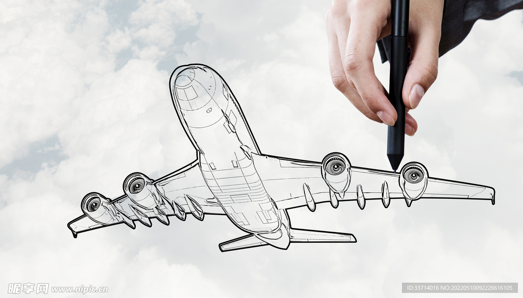 师画飞机人天空背景上画飞机模型