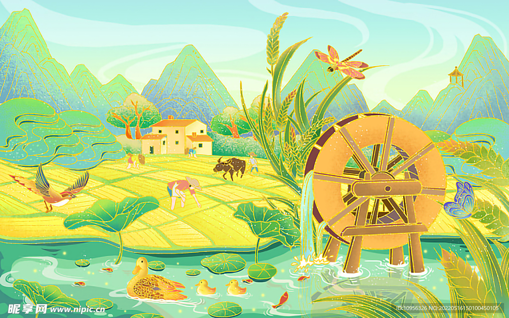 国潮卡通手绘插画稻田
