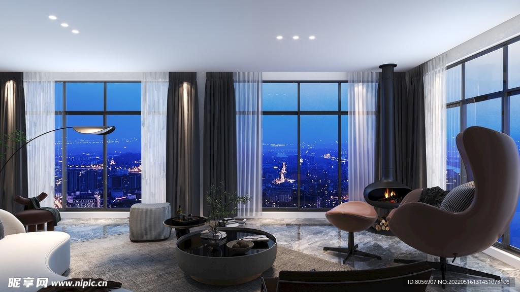 室内落地窗夜景效果图