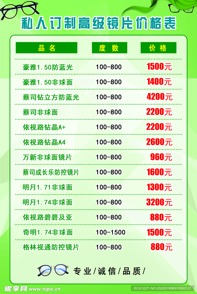 眼镜店价格表