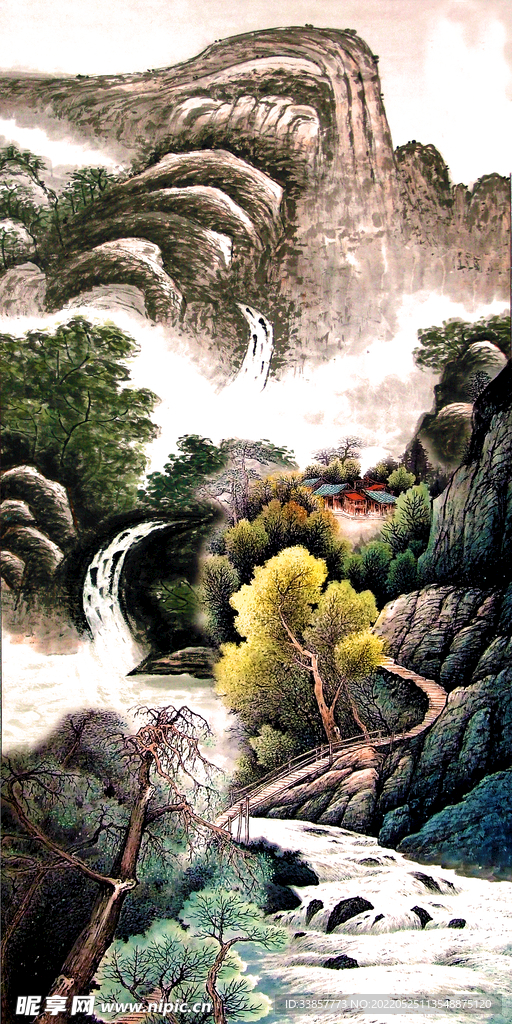 竖幅国画山水高山流水人家