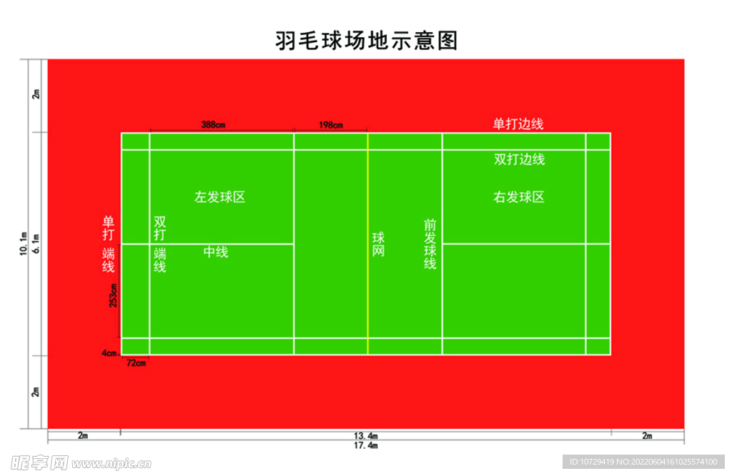 羽毛球场地平面尺寸示意图