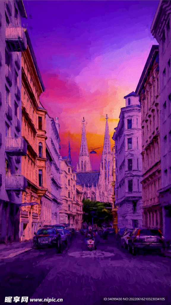 唯美日落风景油画背景