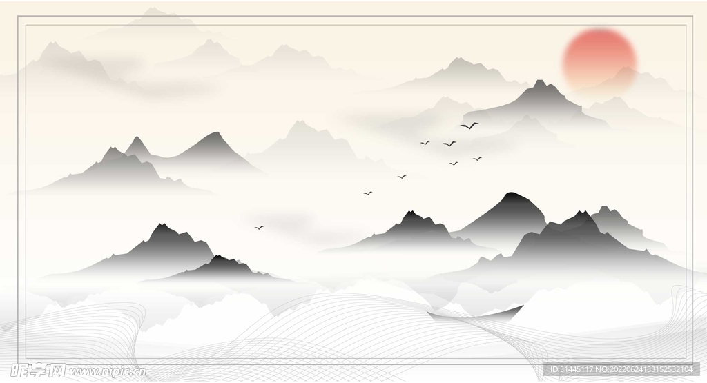 手绘中国风传统国潮水墨山水风景