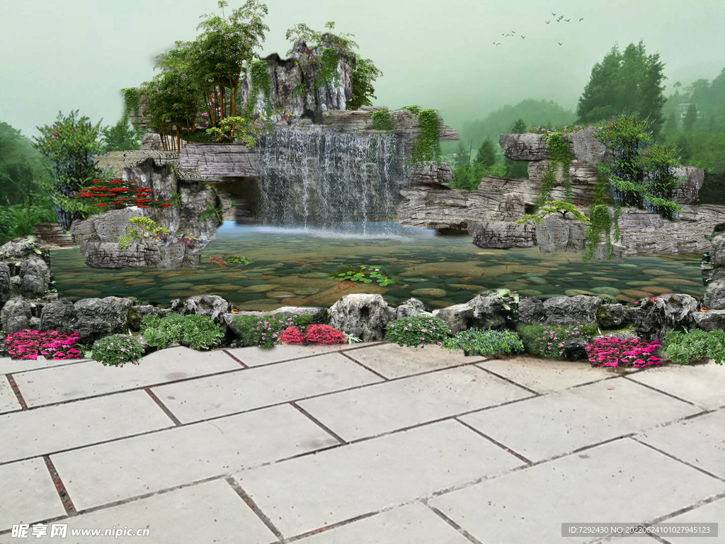 假山水池青石竹子PSD