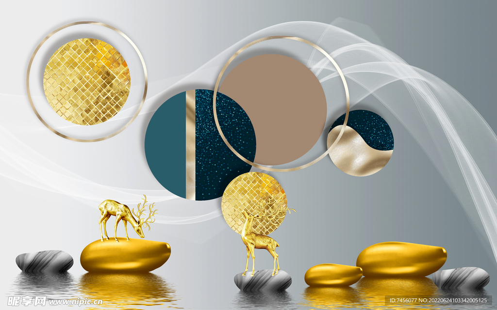 金色石头湖泊麋鹿背景墙