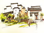 手绘古建筑群