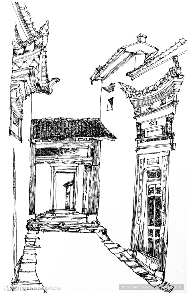 古建筑写生绘画