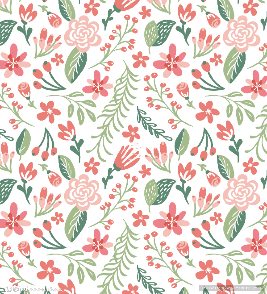 红色手绘花朵树叶