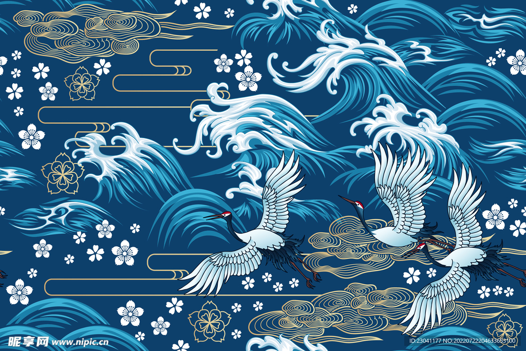 蓝色手绘仙鹤云层水浪花朵太阳