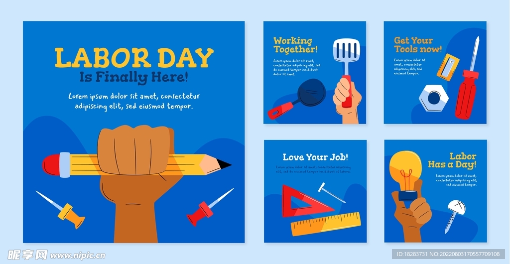 蓝色卡通劳动人民工具素材