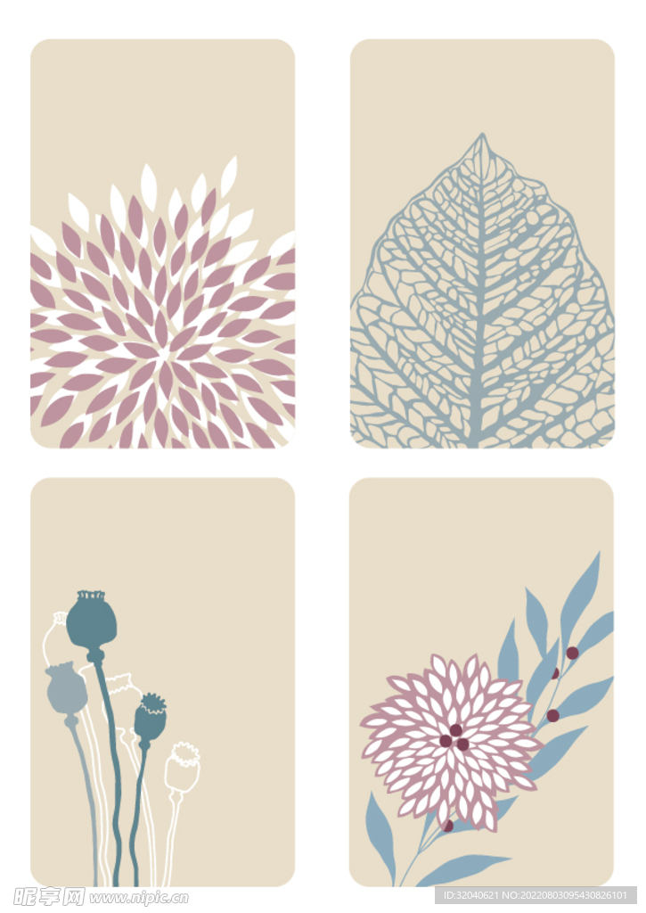 扁平风格手绘花卉植物图案标签