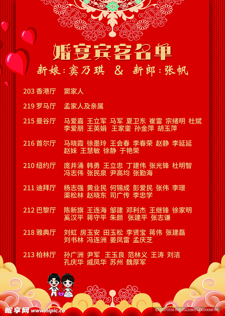 婚宴宾客座次席位名单