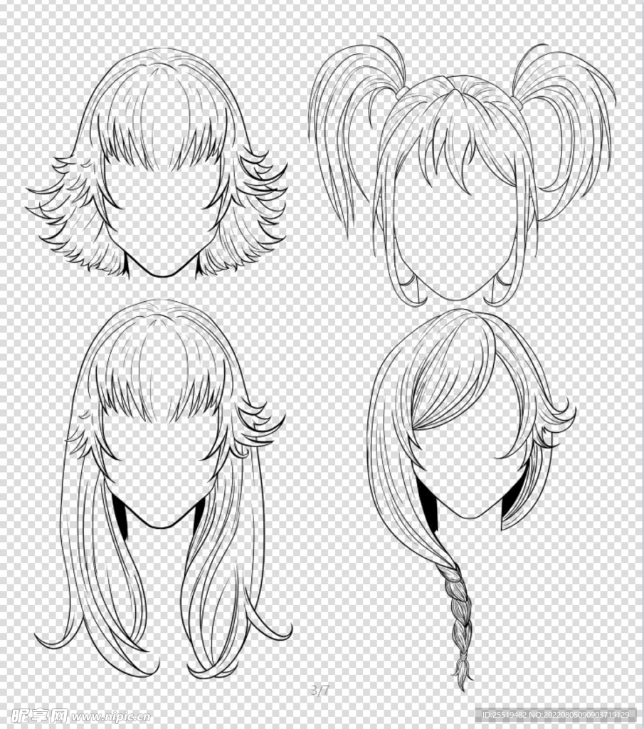 手绘女孩线稿发型