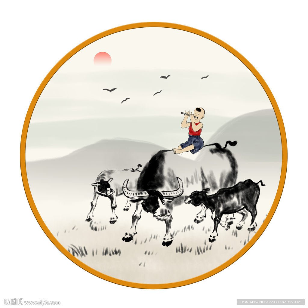 圆形水墨放牛娃