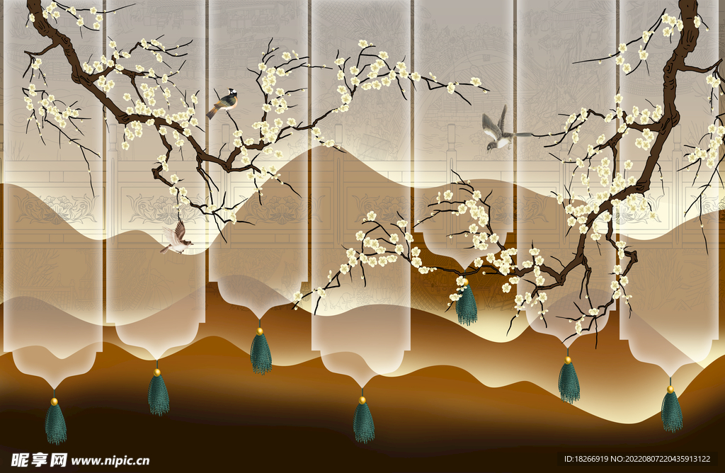 新中式山水花鸟背景