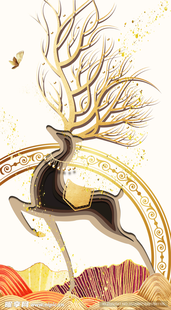 金色剪纸风招财鹿玄关装饰画