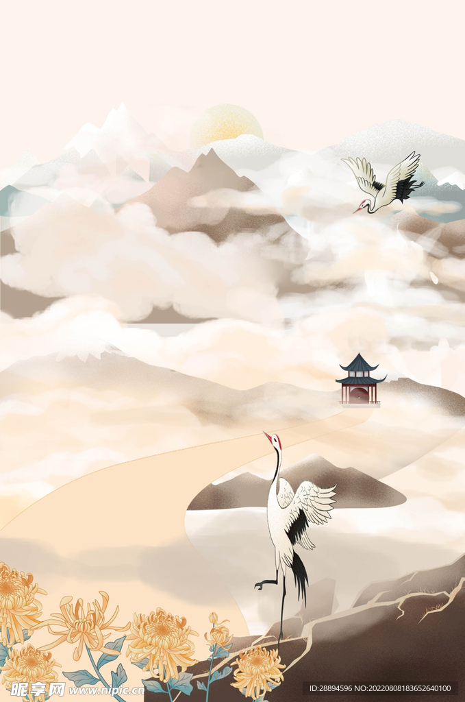 菊花仙鹤云层缭绕背景图