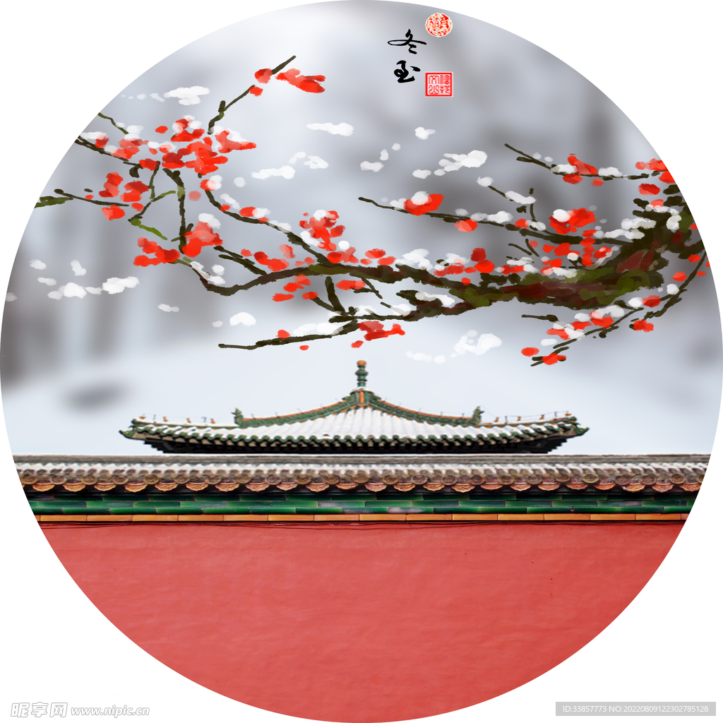 国潮元素圆形装饰国画