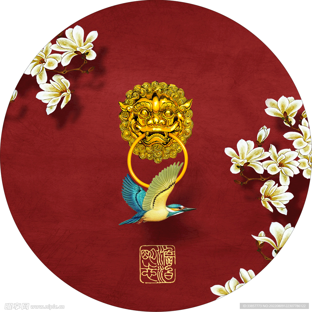 国潮元素圆形装饰国画