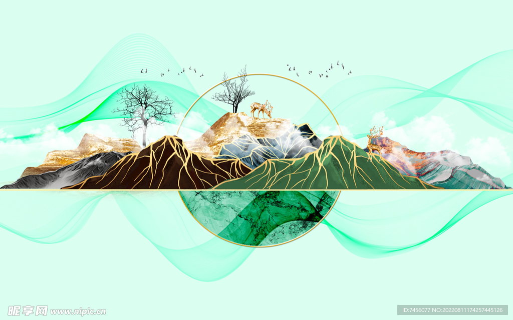 水彩山脉湖畔电视机背景墙