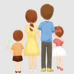 手绘插画一家四口人物全身背影